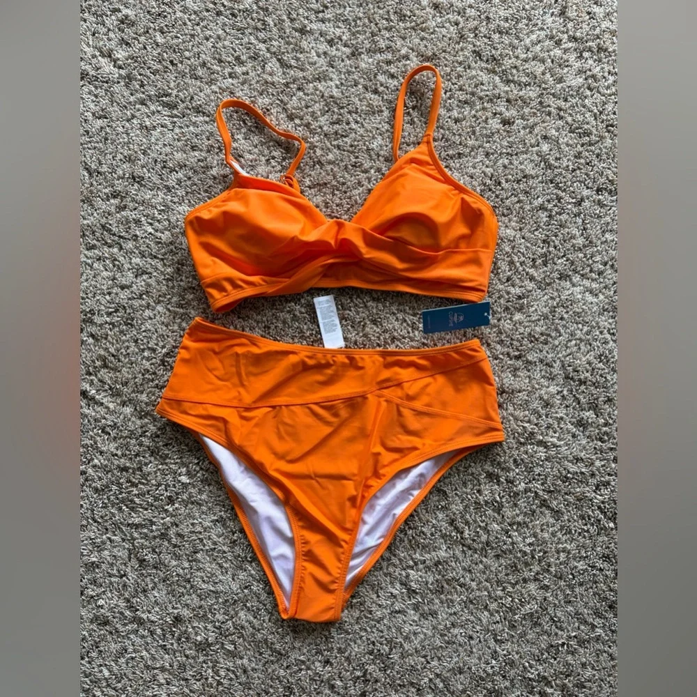 NWT. Cupshe Women’s High-Waist Two-Piece Swim Set - Bright Orange - Picture 1 of 2